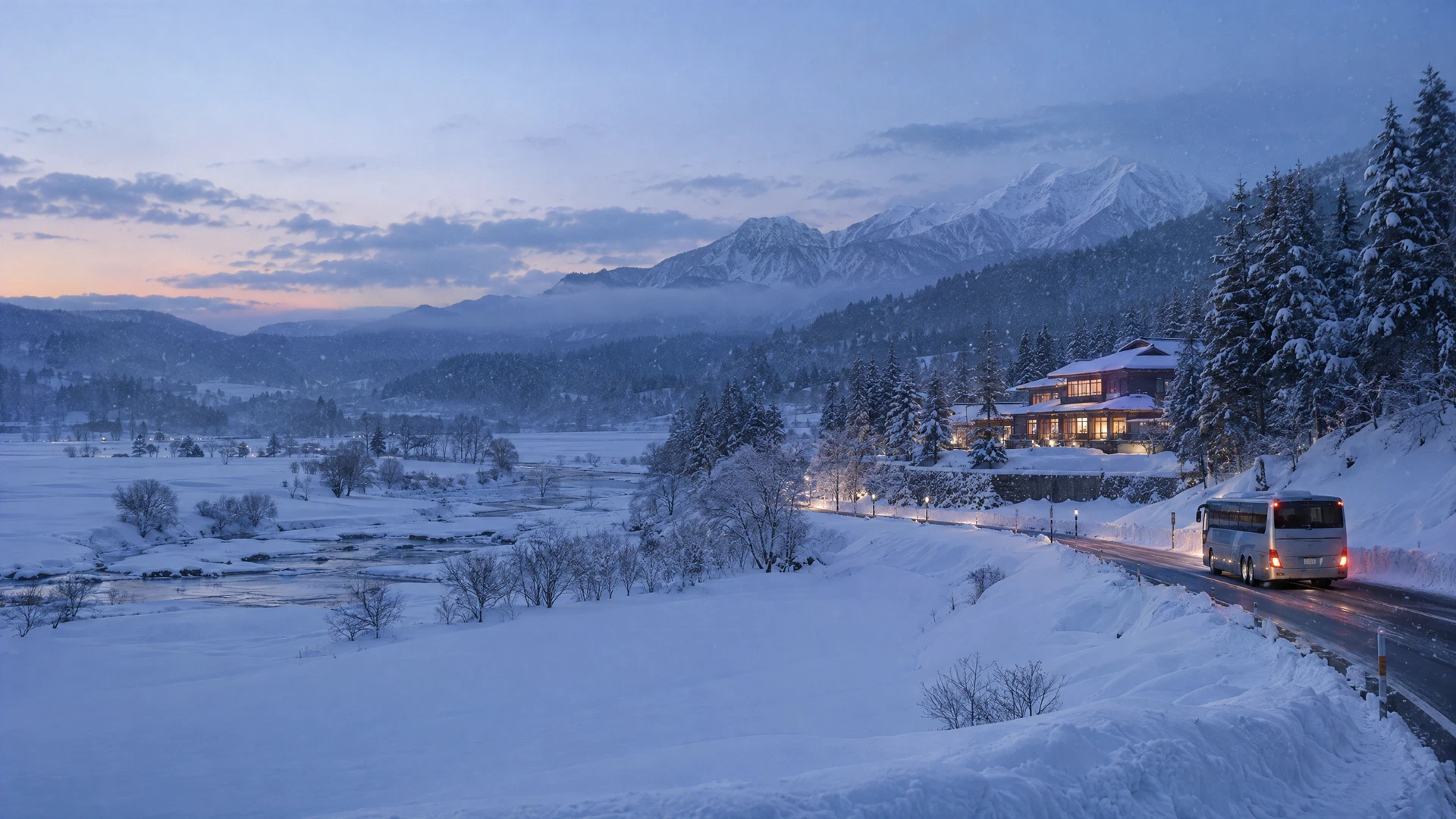 原创北海道冬日旅行意象：雪山、巴士与日式旅宿